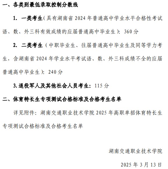 湖南交通职业技术学院单招各类别分数线