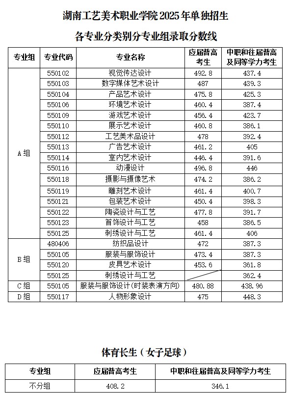 2025湖南工艺美术职业学院单招各类别专业分数线